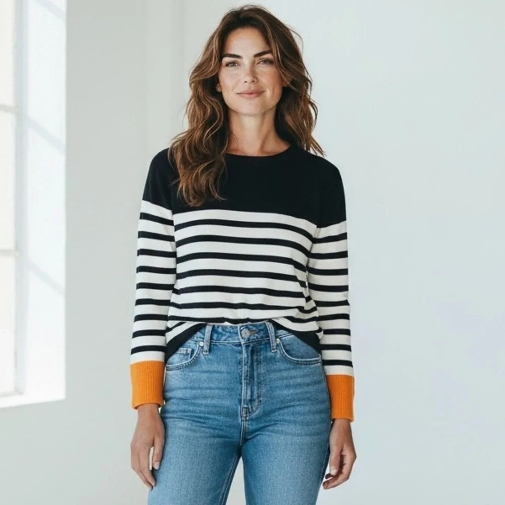 EUC ZARA Knit Women's Black White Striped Sweater Yellow Cuff Side Slit Size S